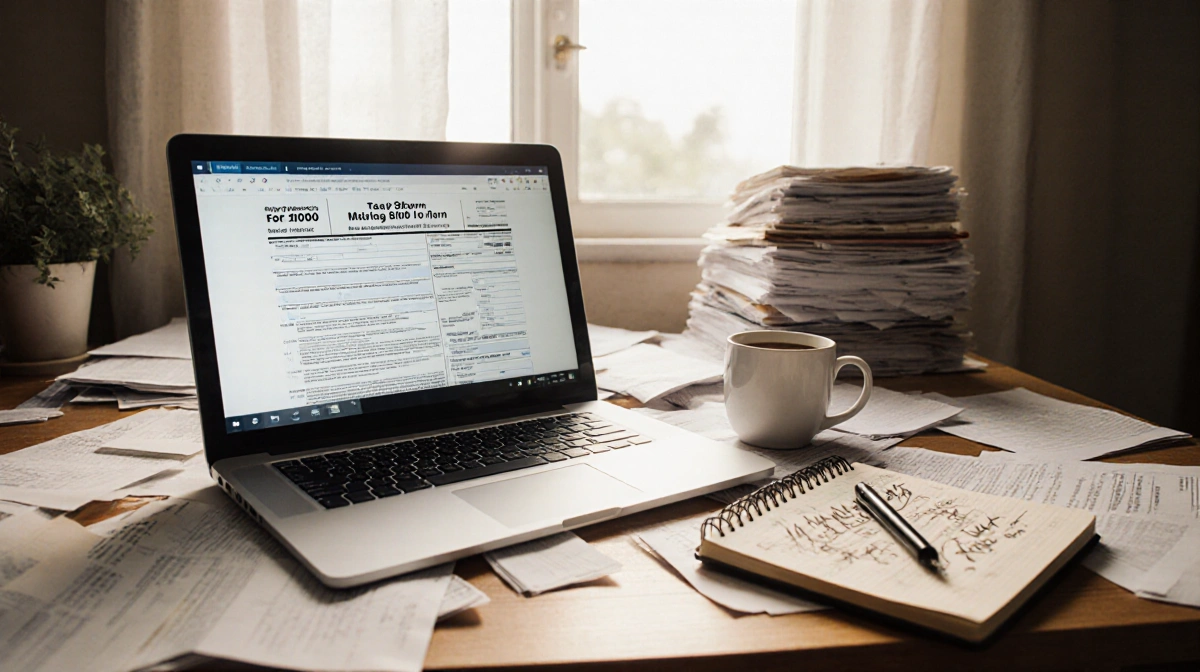 Laptop showing a tax return form with coffee and a notebook amid scattered financial documents in warm light.