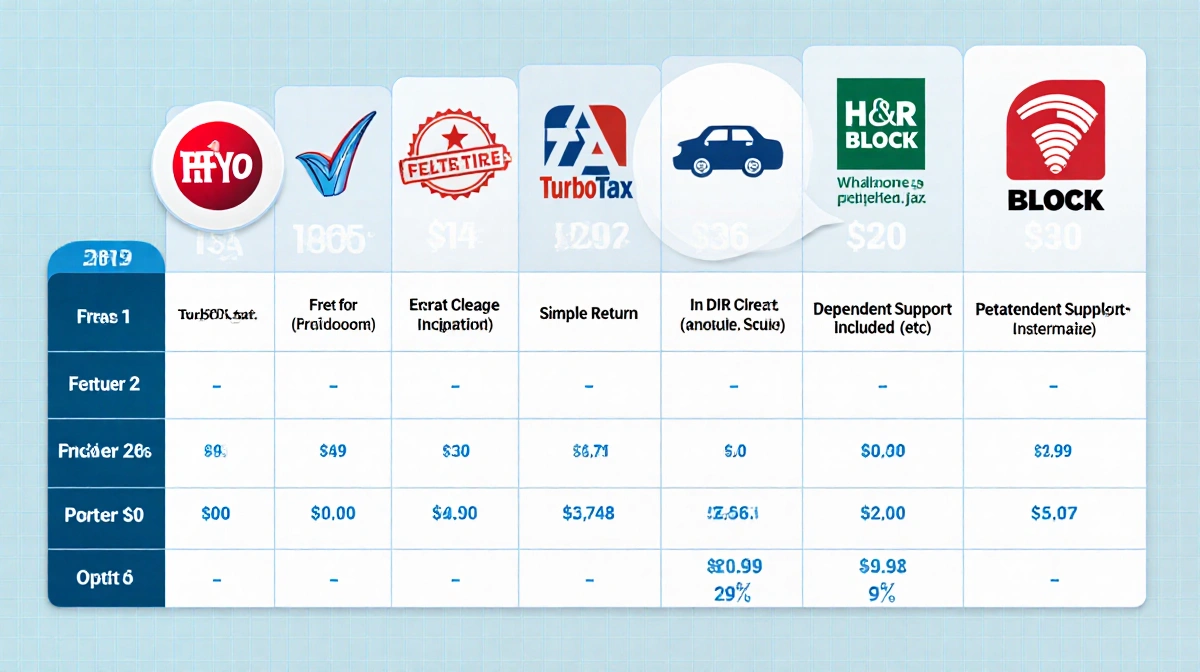Illustrated table compares tax software services with icons and bubbles above columns and grid background showing rising pric
