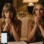 Taylor Swift and Blake Lively reviewing scripts with stressed expressions while Taylor