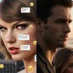 Taylor Swift glares at Justin Baldoni with city sunset behind them and glowing emoji fragments floating between their split f