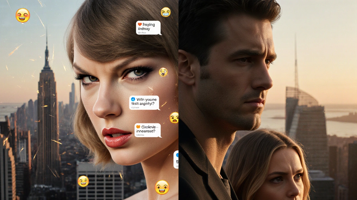 Taylor Swift glares at Justin Baldoni with city sunset behind them and glowing emoji fragments floating between their split f
