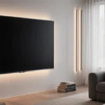 TCL TV showing zero-bezel design with warm lighting and natural light from window