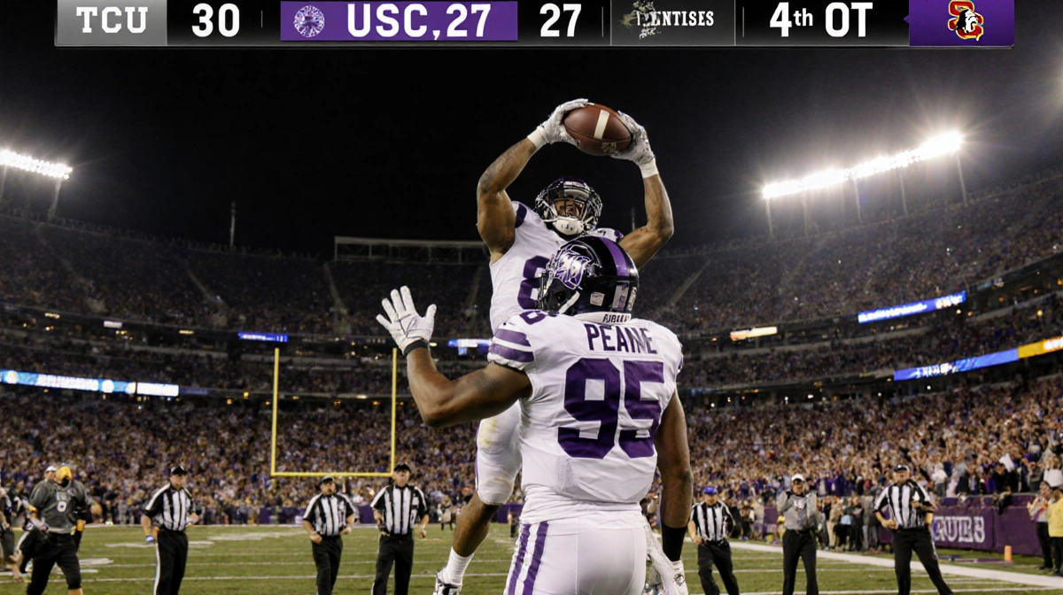 Jeremy Payne leaps and catches a touchdown pass with Seals holding the ball below and fans cheering under bright stadium ligh