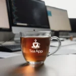 Modern tea cup sits on desk with phone showing Tea App logo and blurred computer screens in background