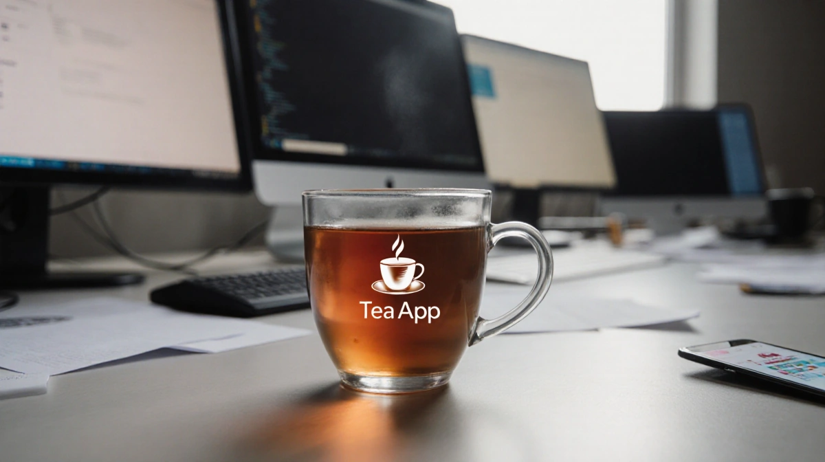 Modern tea cup sits on desk with phone showing Tea App logo and blurred computer screens in background