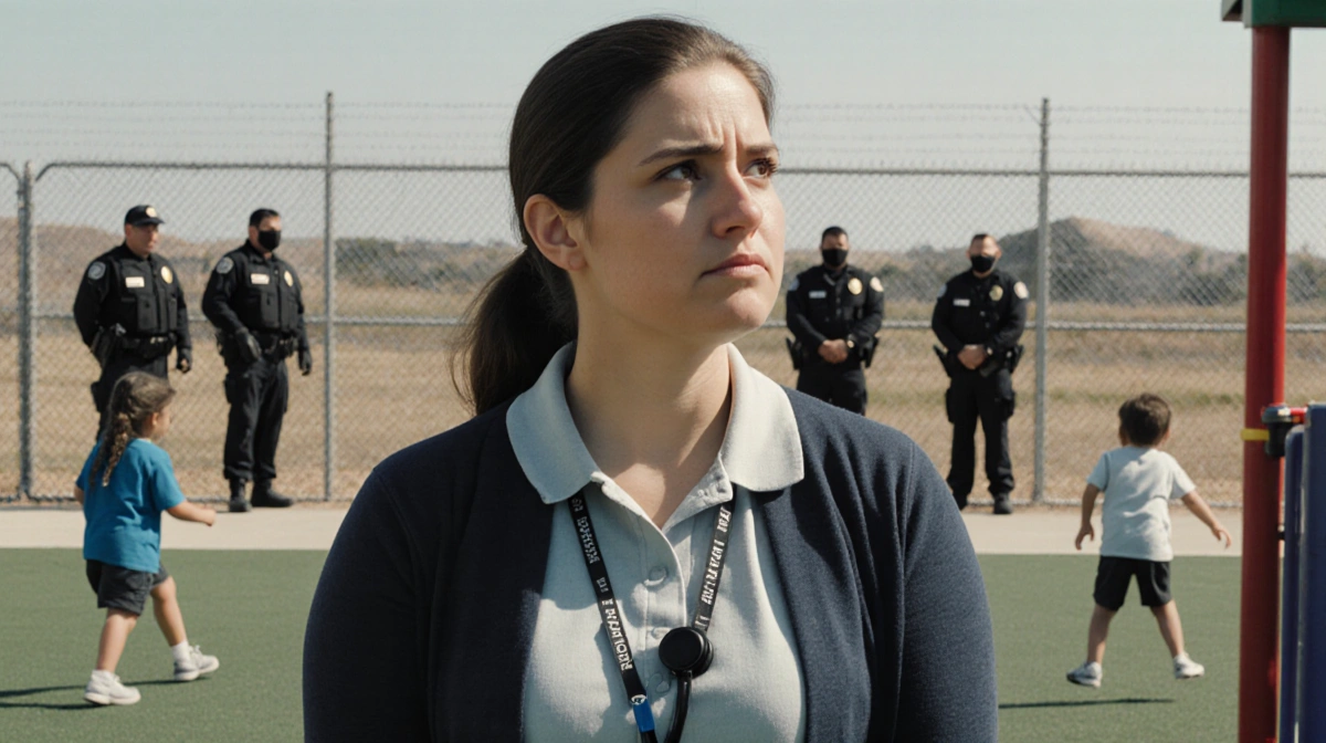 Teacher watches children play with ICE agents visible at fence and whistle on belt