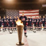 Auston Matthews stands with Team USA ice hockey players gathered around him and a vintage torch at their feet under lighting.