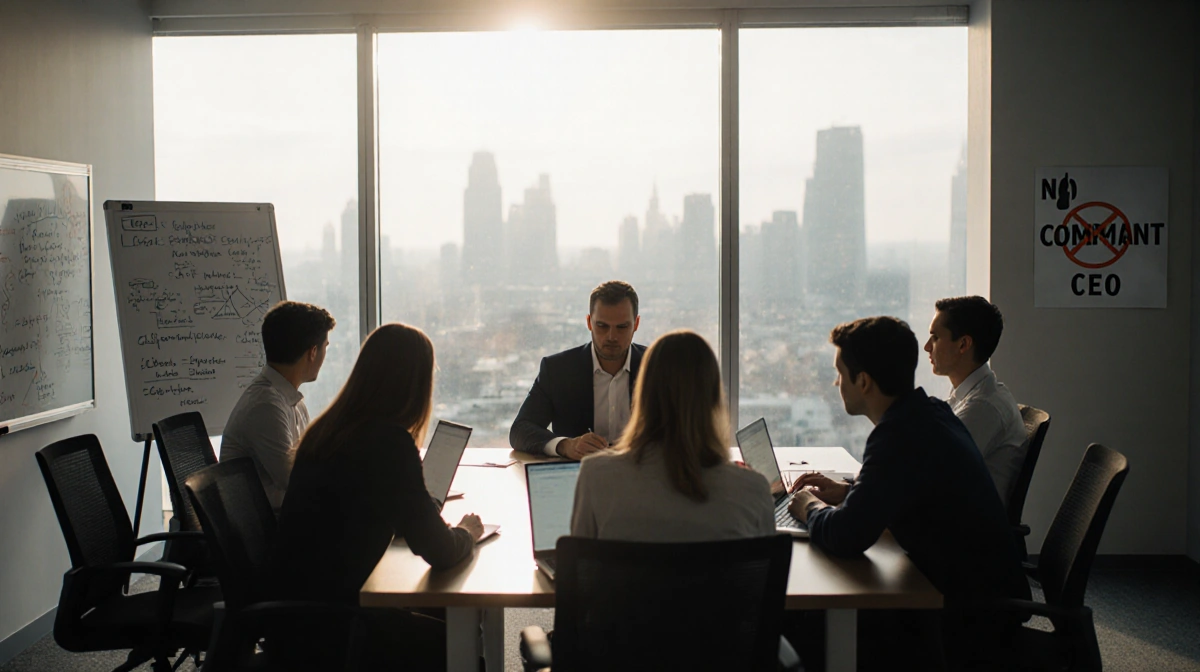 Tech team meeting with CEO reviewing notes while city skyline glows through glass wall