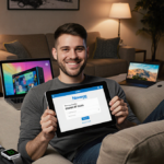 Tech enthusiast smiling while holding a tablet with a Newegg promo code in a cozy living room with gaming consoles.