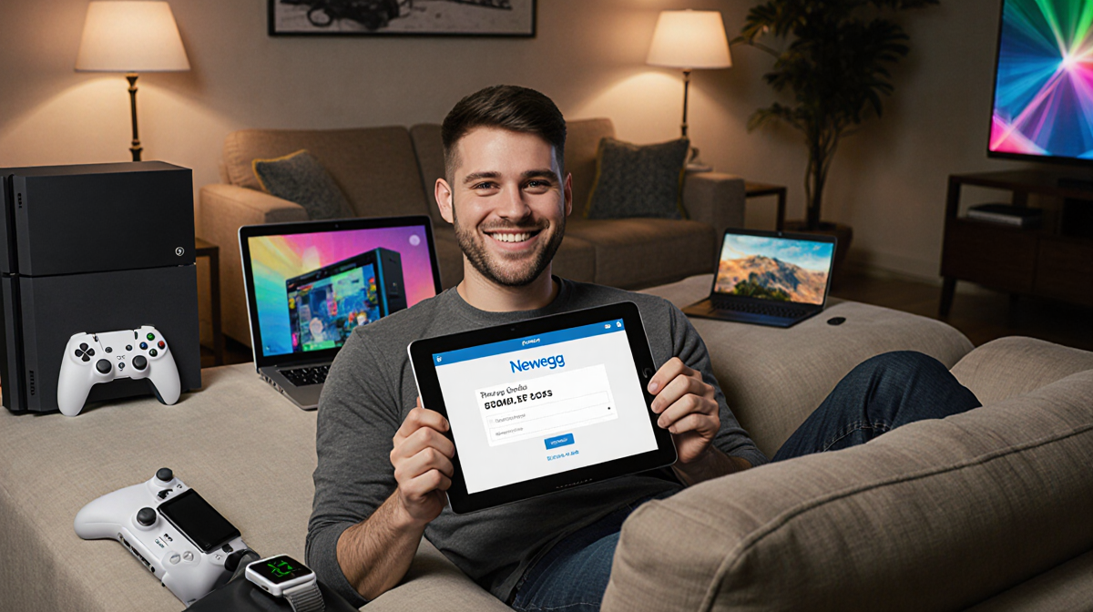 Tech enthusiast smiling while holding a tablet with a Newegg promo code in a cozy living room with gaming consoles.