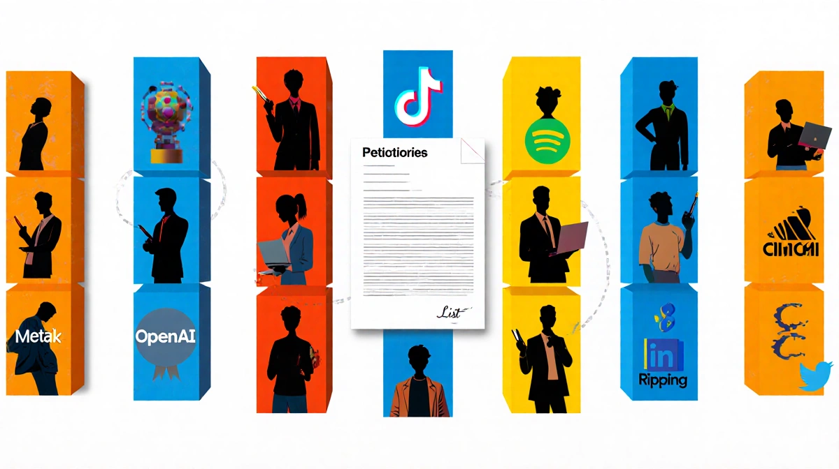 Tech workers unite across company columns with employee silhouettes and petition document showing solidarity