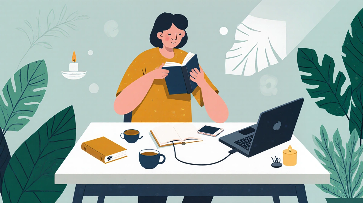 Woman holding a book with her phone and laptop off on a table surrounded by plants and candles.