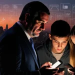 Ted Cruz standing with concerned expression as teens huddle over smartphones with glowing screens and social media grid behin
