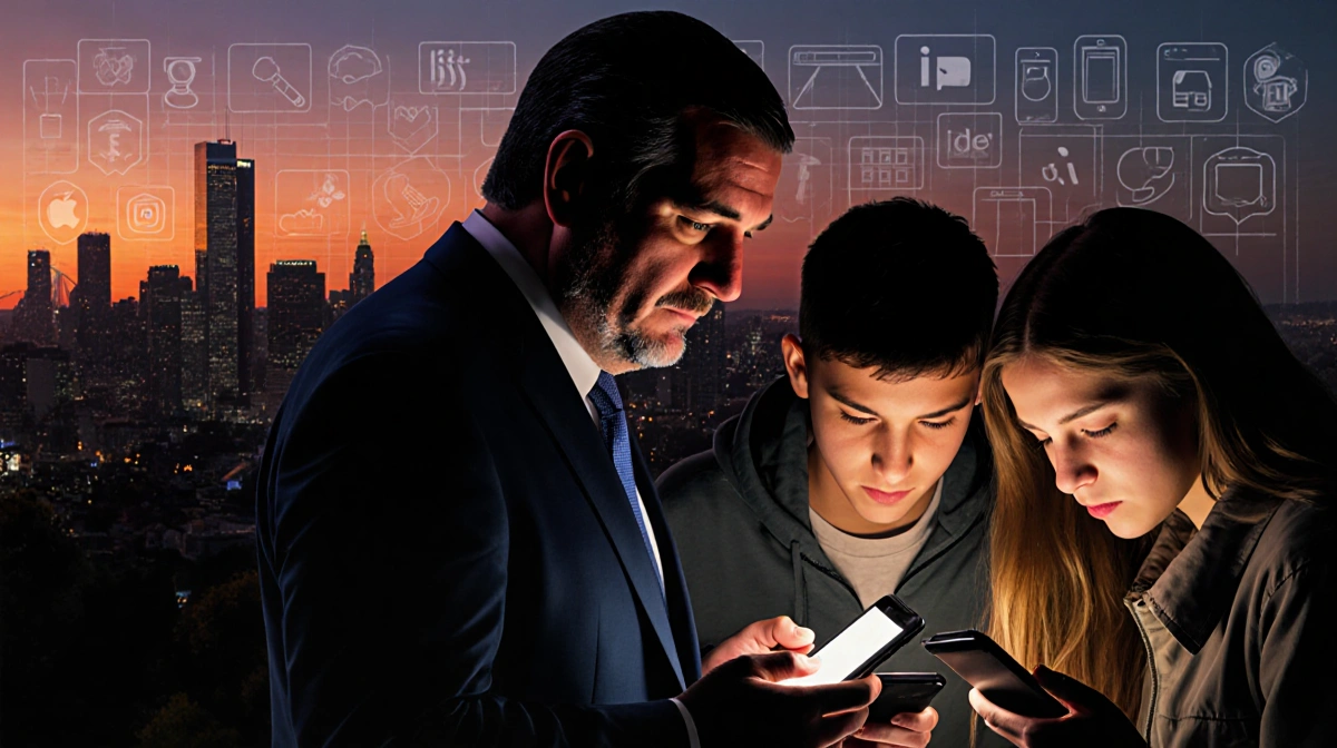 Ted Cruz standing with concerned expression as teens huddle over smartphones with glowing screens and social media grid behin