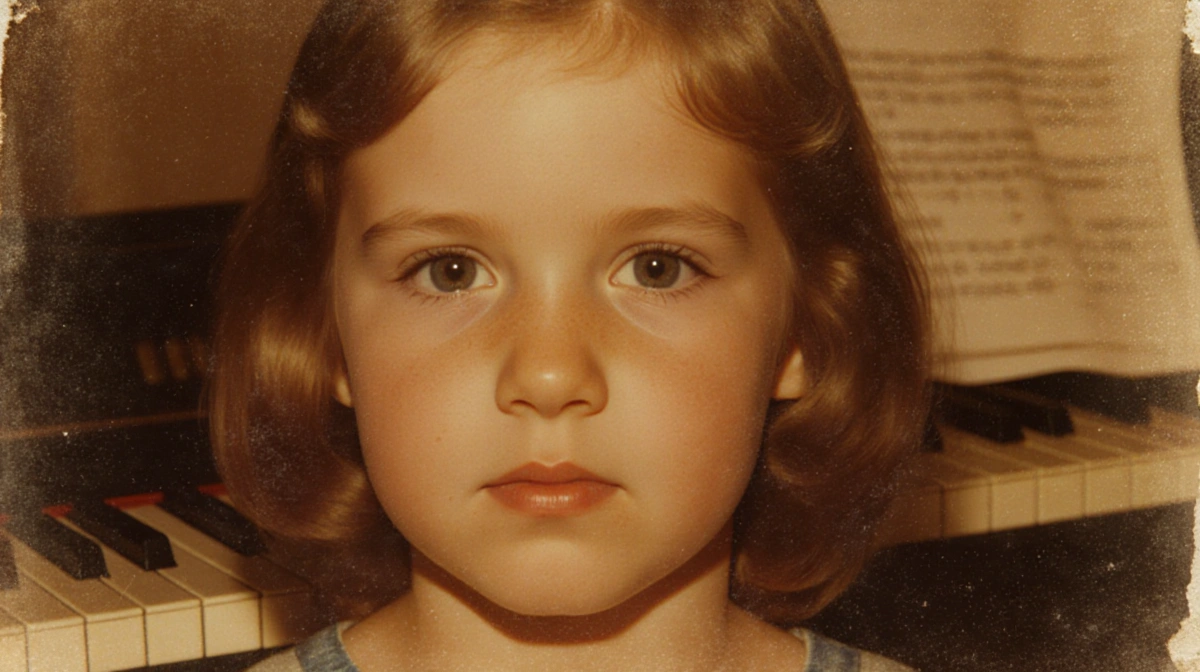 Teddi Mellencamp gazes forward with determination in faded family portrait with piano keys and golden light