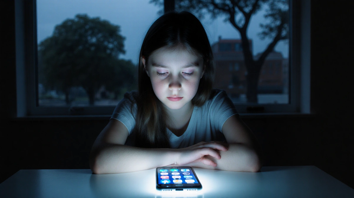 Teen girl sits alone with glowing phone casting light on her face and slumped shoulders