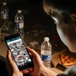 Teenager scrolling TikTok feed with #2016 nostalgia and a cluttered room of empty bottles and pizza boxes.