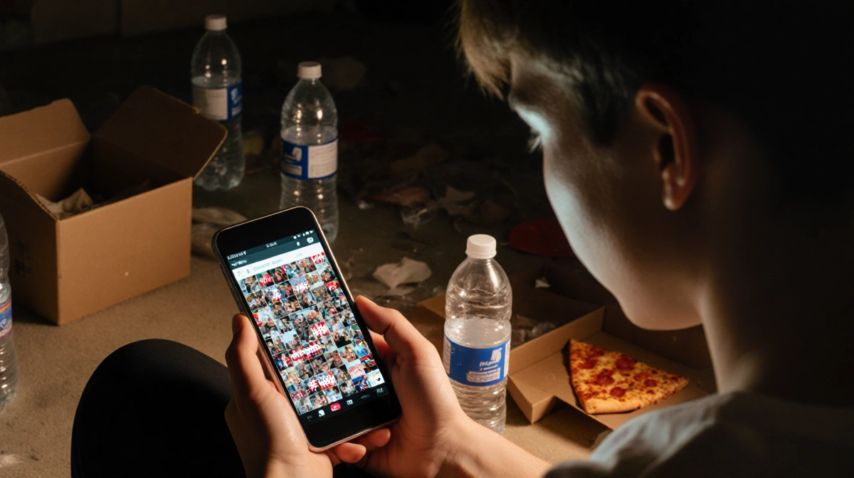 Teenager scrolling TikTok feed with #2016 nostalgia and a cluttered room of empty bottles and pizza boxes.