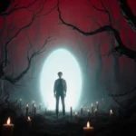 Teenager standing before glowing portal with misty twisted trees and crimson sky.