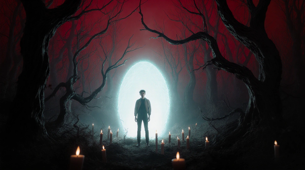 Teenager standing before glowing portal with misty twisted trees and crimson sky.