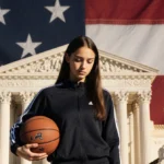 Teen girl in tracksuit holding basketball with American flag and Supreme Court building behind