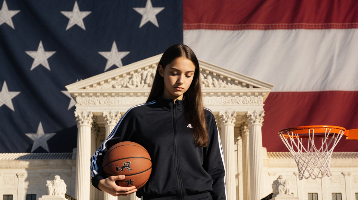Teen girl in tracksuit holding basketball with American flag and Supreme Court building behind