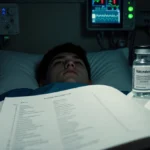 Teenager lies in hospital bed with vaccination vial and open record book showing dwindling meningitis vaccine recipients