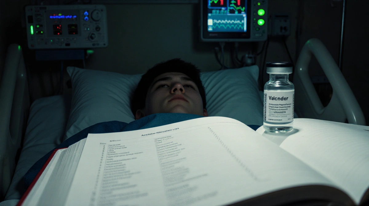 Teenager lies in hospital bed with vaccination vial and open record book showing dwindling meningitis vaccine recipients