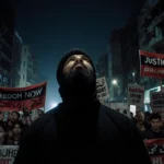 Lone protester stands defiantly with freedom signs and Tehran skyline showing shattered windows behind