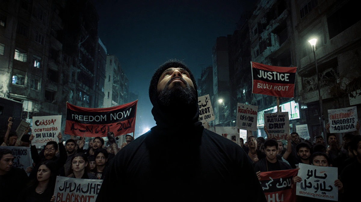 Lone protester stands defiantly with freedom signs and Tehran skyline showing shattered windows behind