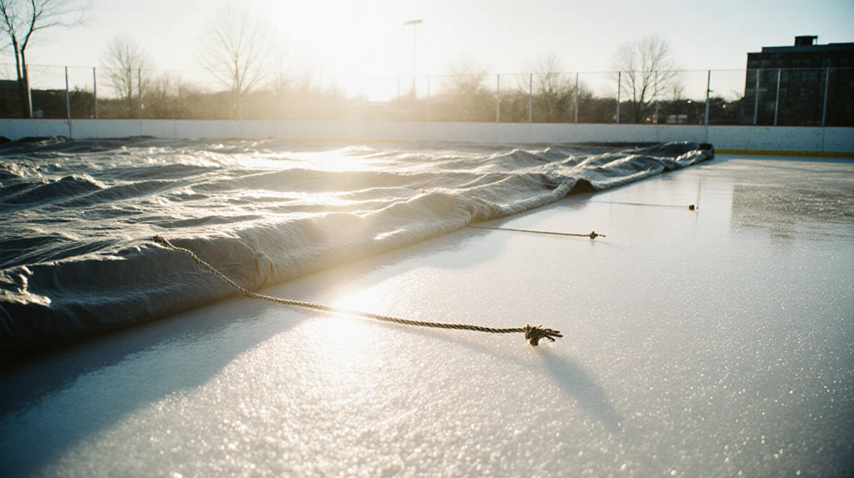Blanket cover stretches across ice rink shading frozen surface with rope ties and Texas sky glow.