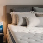 Serene bedroom shows Tempur-Pedic mattress with pillows and 30% off flyer on bedside table under warm lighting