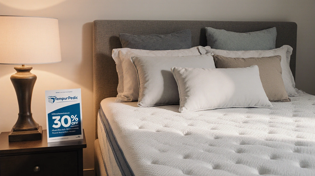Serene bedroom shows Tempur-Pedic mattress with pillows and 30% off flyer on bedside table under warm lighting