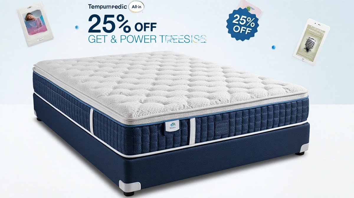 Tempur-Pedic mattress with adjustable power base showing 25% off price tag and discount signs