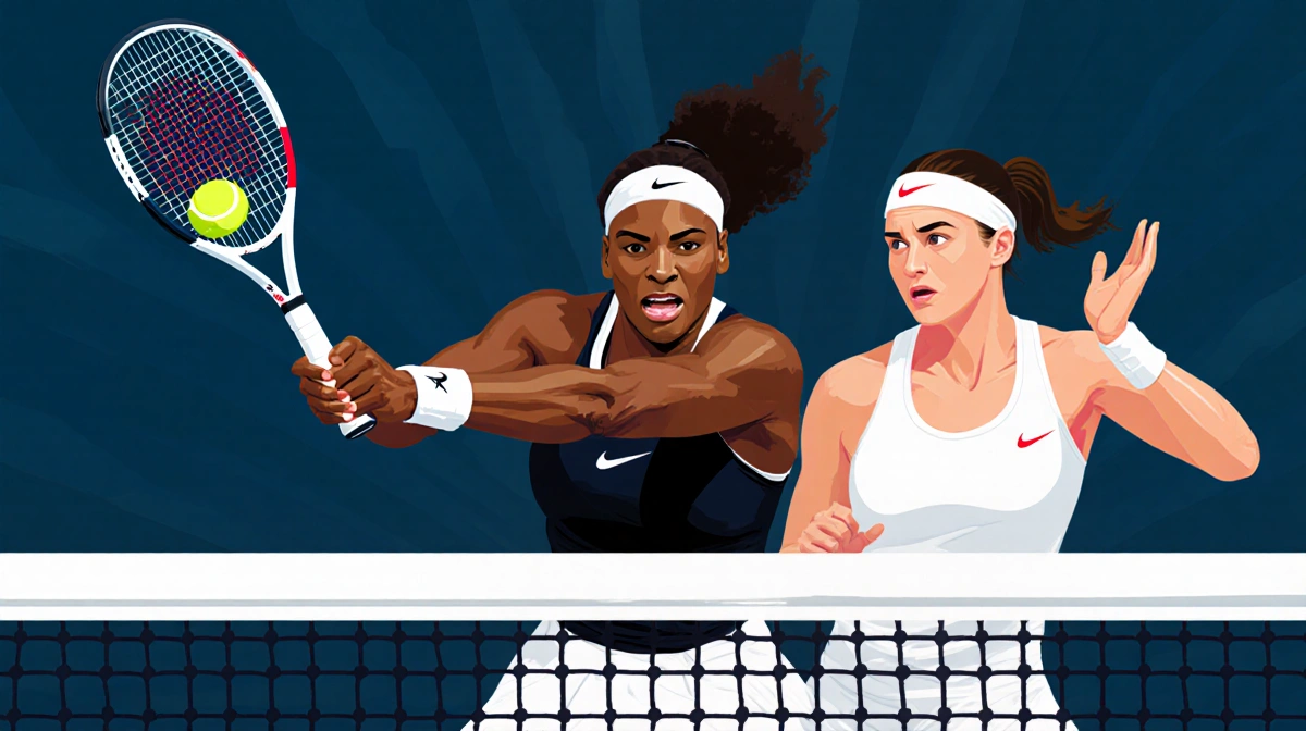 Serena Williams serving tennis ball with Danilovic returning and net clipper effect showing pivotal match moment