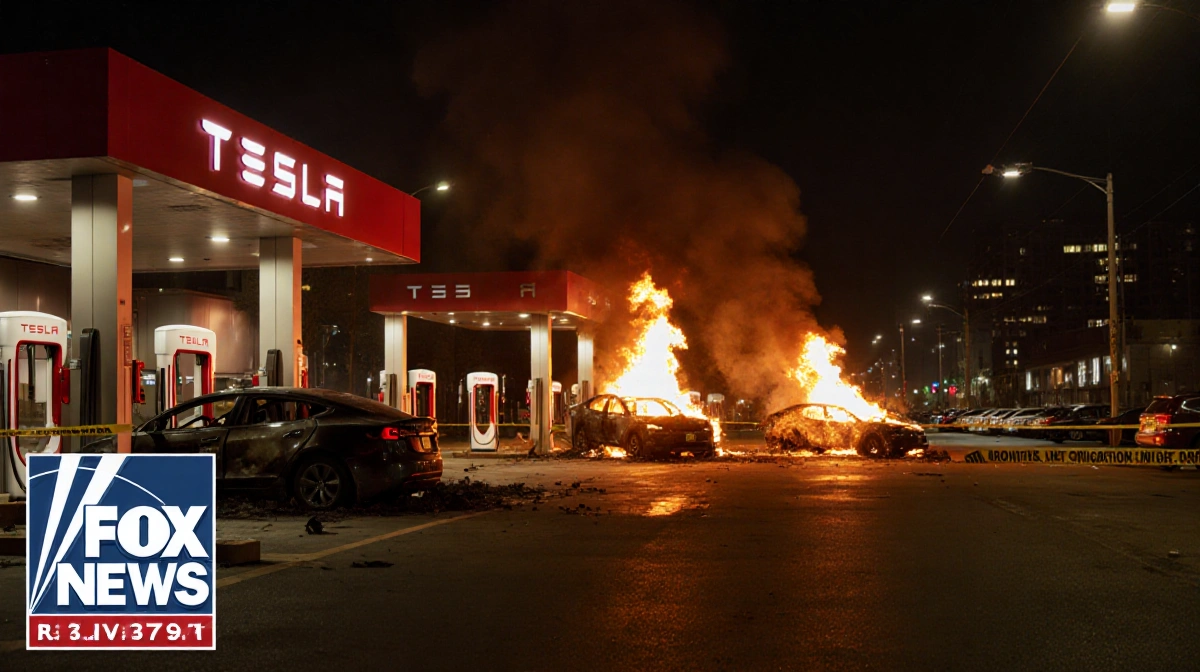 Flames engulf Tesla vehicles at charging station with police lights and security cameras documenting the arson attack