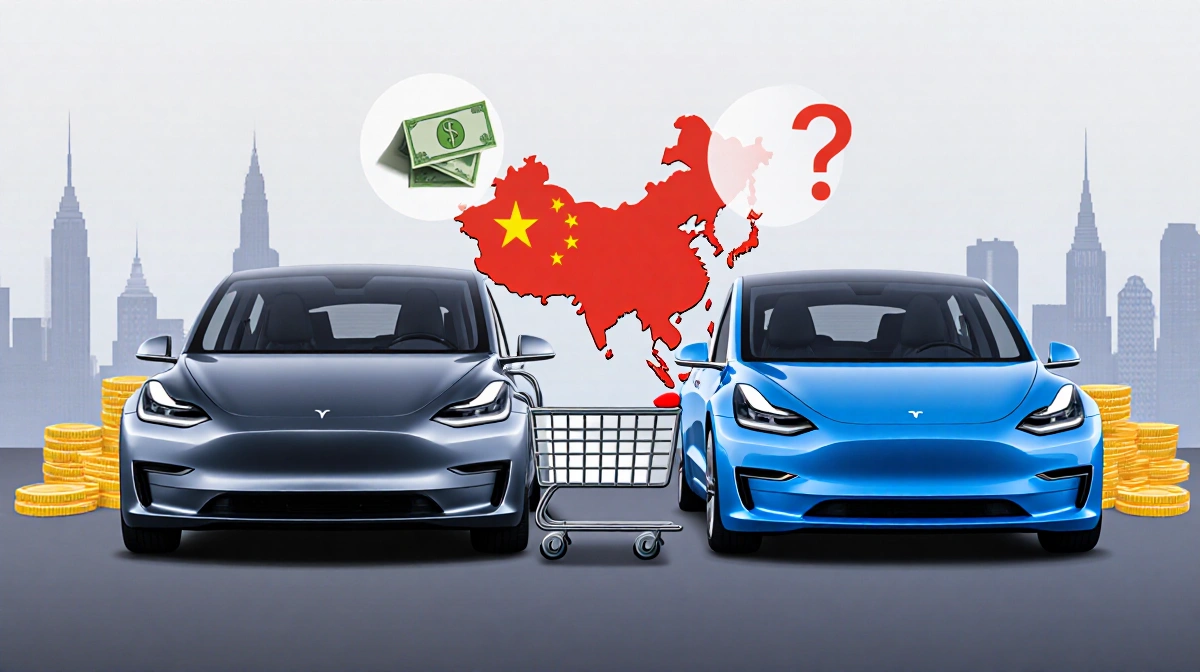 Tesla Model 3 positioned in front of Model Y parked side by side with a shopping cart and money bills near a distant cityscap