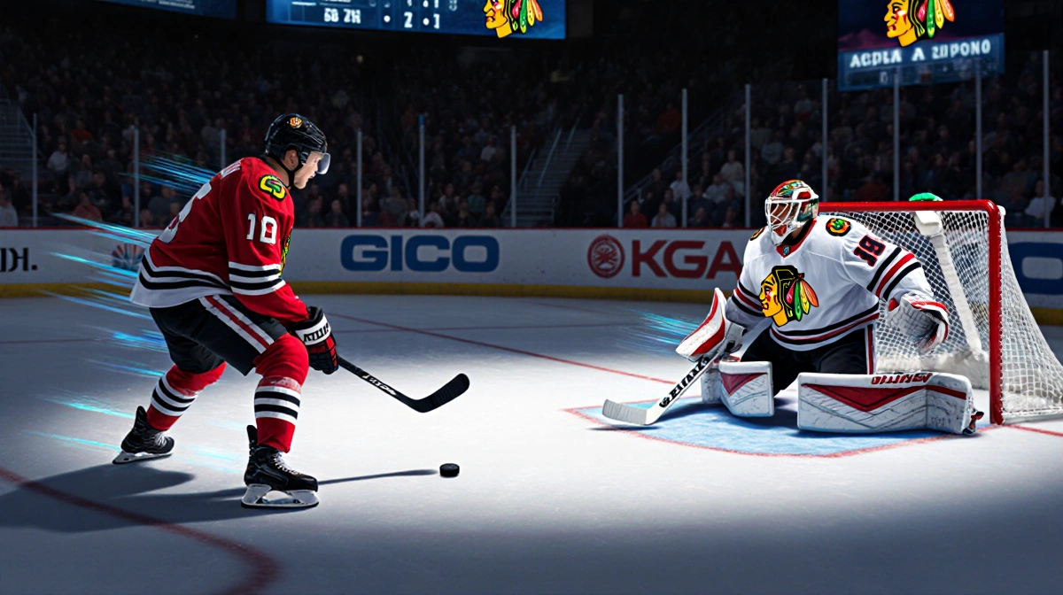 Teuvo Teravainen scores a power-play goal with scoreboard showing Levshunov's wrist shot and blurred Blackhawks logo