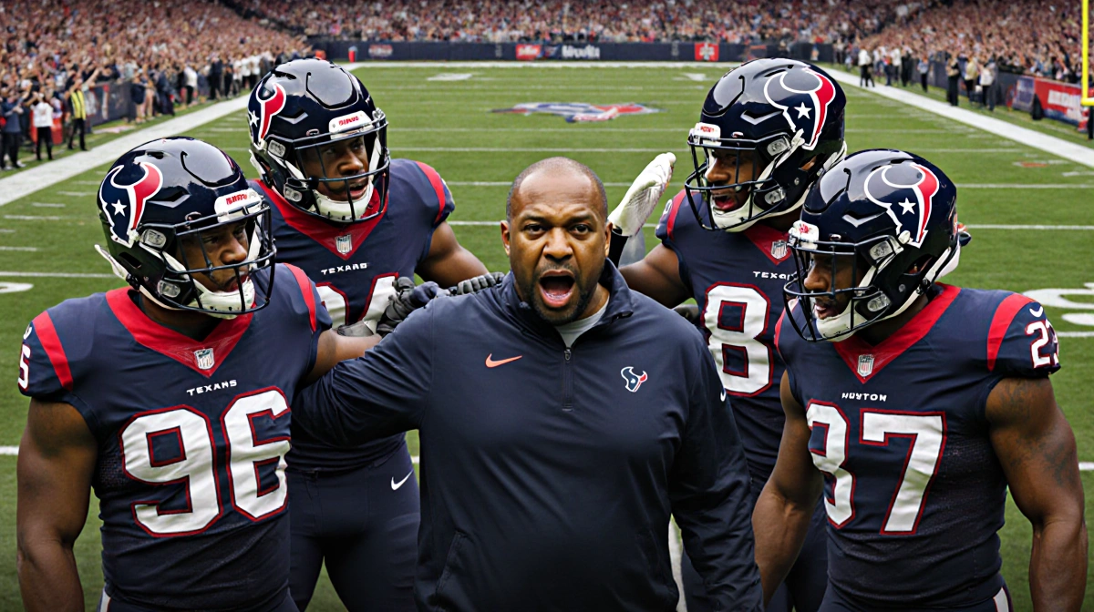 Houston Texans defense celebrating victory with DeMeco Ryans and teammates showing Texans logos and helmets