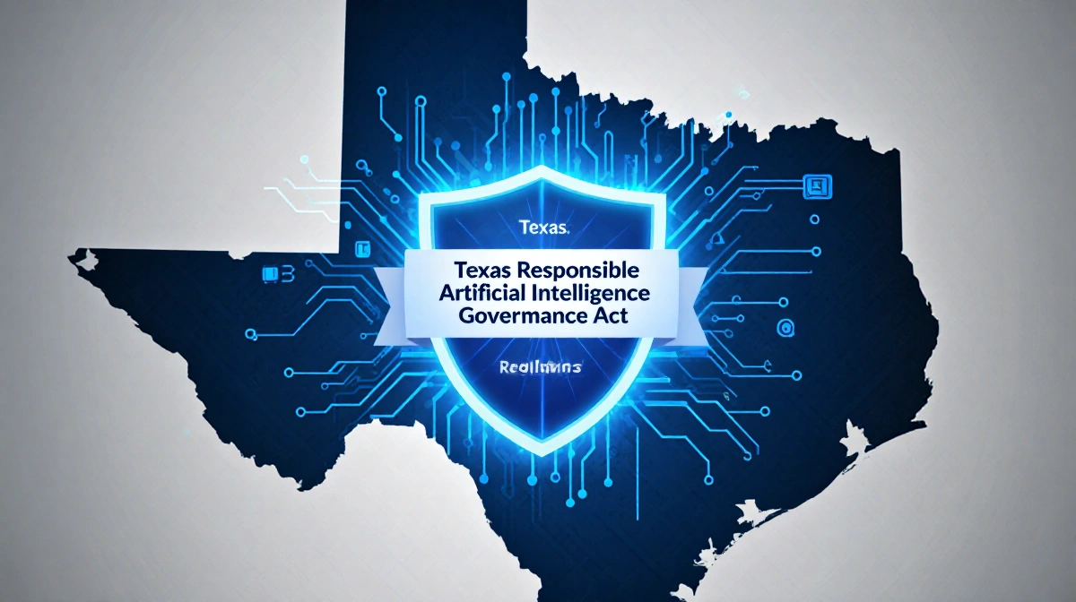 Texas map overlays a shield icon with AI circuit patterns in blue and gray and a subtle grid showing the governance act.