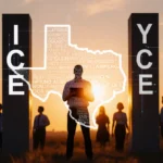 Person holding tablet between ICE and AI pillars with Texas sunset backdrop and diverse crowd