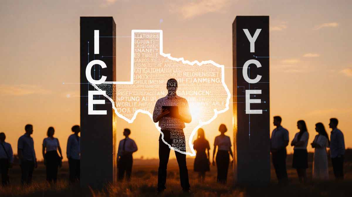 Person holding tablet between ICE and AI pillars with Texas sunset backdrop and diverse crowd