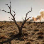 Parched grassland stretches toward distant wildfire with withered trees and twisted branches grasping from dusty earth