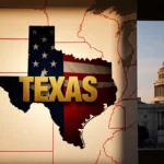 Texas map showing bold red borders with golden Texas text and American flag shadow
