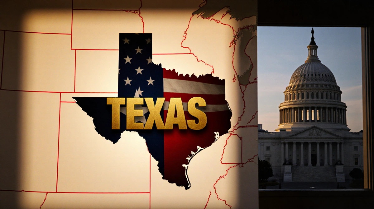 Texas map showing bold red borders with golden Texas text and American flag shadow