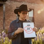 Texas homeowner checks calendar marked January 31 with bluebonnets blooming near historic brick building