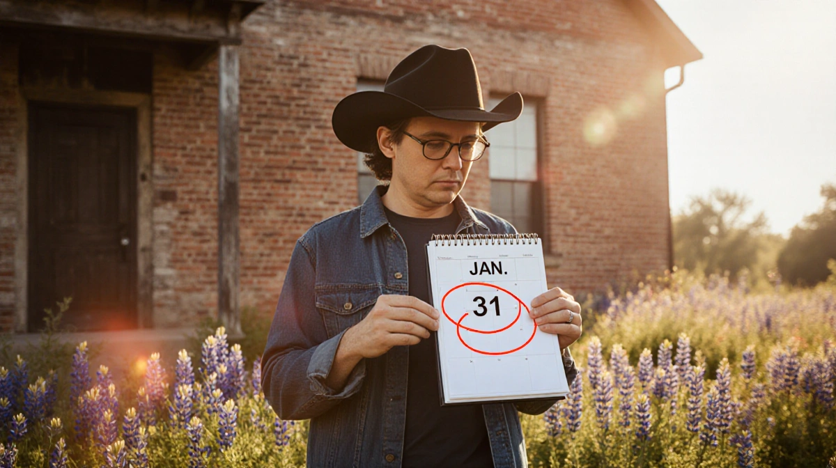 Texas homeowner checks calendar marked January 31 with bluebonnets blooming near historic brick building