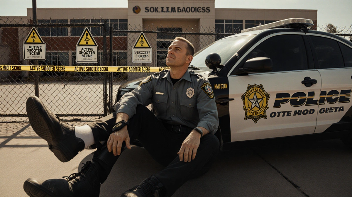 Texas Ranger Scott Swick sitting by patrol car with active shooter warning signs near school building