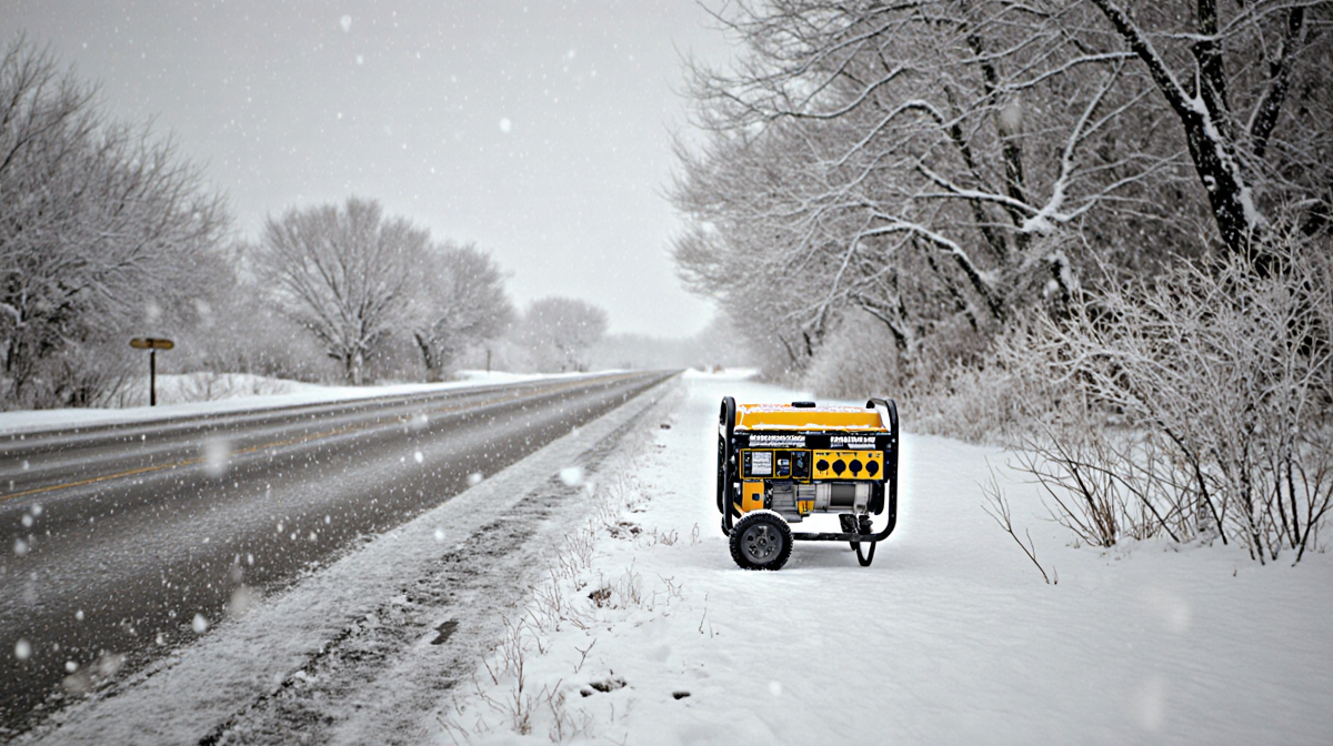 Generator standing alone on snowy Texas road with bright metal surface and bare snow-covered trees