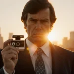 Person holding Polaroid camera with stern expression and 1980s outfit against Texas sunset with city skyline behind